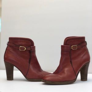 Charles Jourdan Red Leather Heeled Boots Vintage Gold Belted Shoes US 6 France